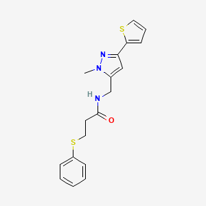 molecular formula C18H19N3OS2 B2795040 N-{[1-methyl-3-(thiophen-2-yl)-1H-pyrazol-5-yl]methyl}-3-(phenylsulfanyl)propanamide CAS No. 2320959-77-9