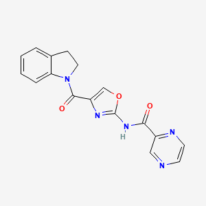 molecular formula C17H13N5O3 B2795077 N-(4-(indoline-1-carbonyl)oxazol-2-yl)pyrazine-2-carboxamide CAS No. 1396844-70-4