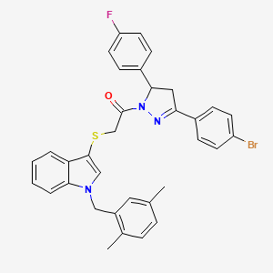 molecular formula C34H29BrFN3OS B2795187 1-(3-(4-bromophenyl)-5-(4-fluorophenyl)-4,5-dihydro-1H-pyrazol-1-yl)-2-((1-(2,5-dimethylbenzyl)-1H-indol-3-yl)thio)ethanone CAS No. 681279-78-7