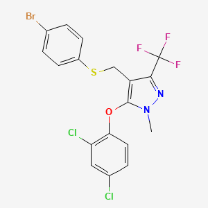 molecular formula C18H12BrCl2F3N2OS B2795194 4-{[(4-bromophenyl)sulfanyl]methyl}-5-(2,4-dichlorophenoxy)-1-methyl-3-(trifluoromethyl)-1H-pyrazole CAS No. 318959-19-2