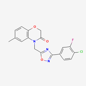 molecular formula C18H13ClFN3O3 B2795274 4-((3-(4-chloro-3-fluorophenyl)-1,2,4-oxadiazol-5-yl)methyl)-6-methyl-2H-benzo[b][1,4]oxazin-3(4H)-one CAS No. 1207032-29-8