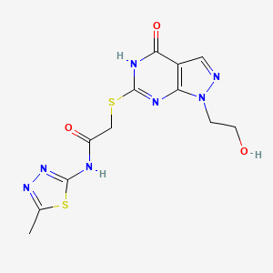 molecular formula C12H13N7O3S2 B2795321 2-((1-(2-hydroxyethyl)-4-oxo-4,5-dihydro-1H-pyrazolo[3,4-d]pyrimidin-6-yl)thio)-N-(5-methyl-1,3,4-thiadiazol-2-yl)acetamide CAS No. 946229-87-4