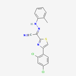 molecular formula C18H12Cl2N4S B2795400 (E)-4-(2,4-dichlorophenyl)-N-(2-methylphenyl)-1,3-thiazole-2-carbohydrazonoyl cyanide CAS No. 477188-09-3