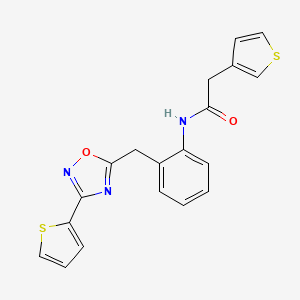 molecular formula C19H15N3O2S2 B2795418 N-(2-((3-(thiophen-2-yl)-1,2,4-oxadiazol-5-yl)methyl)phenyl)-2-(thiophen-3-yl)acetamide CAS No. 1706185-30-9