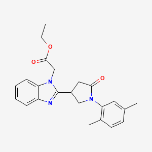 molecular formula C23H25N3O3 B2795430 ethyl 2-{2-[1-(2,5-dimethylphenyl)-5-oxopyrrolidin-3-yl]-1H-1,3-benzodiazol-1-yl}acetate CAS No. 890638-75-2