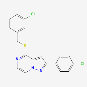molecular formula C19H13Cl2N3S B2795467 4-[(3-Chlorobenzyl)thio]-2-(4-chlorophenyl)pyrazolo[1,5-a]pyrazine CAS No. 1260905-94-9