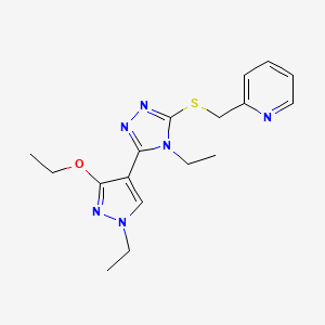 molecular formula C17H22N6OS B2795516 2-(((5-(3-ethoxy-1-ethyl-1H-pyrazol-4-yl)-4-ethyl-4H-1,2,4-triazol-3-yl)thio)methyl)pyridine CAS No. 1014073-25-6