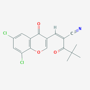 molecular formula C17H13Cl2NO3 B2795547 (2Z)-2-[(6,8-dichloro-4-oxo-4H-chromen-3-yl)methylidene]-4,4-dimethyl-3-oxopentanenitrile CAS No. 1025639-85-3