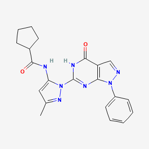 molecular formula C21H21N7O2 B2795551 N-(3-methyl-1-(4-oxo-1-phenyl-4,5-dihydro-1H-pyrazolo[3,4-d]pyrimidin-6-yl)-1H-pyrazol-5-yl)cyclopentanecarboxamide CAS No. 1019097-33-6