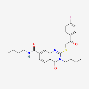 molecular formula C27H32FN3O3S B2795556 2-((2-(4-fluorophenyl)-2-oxoethyl)thio)-N,3-diisopentyl-4-oxo-3,4-dihydroquinazoline-7-carboxamide CAS No. 1113136-31-4