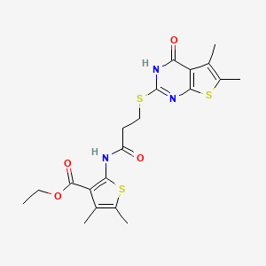 molecular formula C20H23N3O4S3 B2795600 Ethyl 2-({3-[(4-hydroxy-5,6-dimethylthieno[2,3-d]pyrimidin-2-yl)sulfanyl]propanoyl}amino)-4,5-dimethylthiophene-3-carboxylate CAS No. 500202-79-9