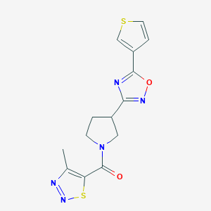 molecular formula C14H13N5O2S2 B2795602 (4-Methyl-1,2,3-thiadiazol-5-yl)(3-(5-(thiophen-3-yl)-1,2,4-oxadiazol-3-yl)pyrrolidin-1-yl)methanone CAS No. 2034320-77-7