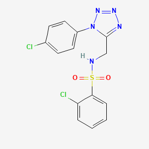 molecular formula C14H11Cl2N5O2S B2795670 2-chloro-N-((1-(4-chlorophenyl)-1H-tetrazol-5-yl)methyl)benzenesulfonamide CAS No. 921124-92-7