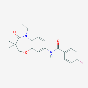 molecular formula C20H21FN2O3 B2795733 N-(5-ethyl-3,3-dimethyl-4-oxo-2,3,4,5-tetrahydro-1,5-benzoxazepin-8-yl)-4-fluorobenzamide CAS No. 921519-48-4