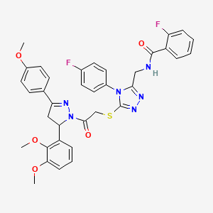 N-[[5-[2-[3-(2,3-dimethoxyphenyl)-5-(4-methoxyphenyl)-3,4-dihydropyrazol-2-yl]-2-oxoethyl]sulfanyl-4-(4-fluorophenyl)-1,2,4-triazol-3-yl]methyl]-2-fluorobenzamide