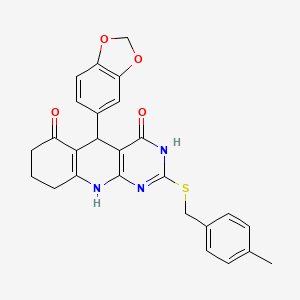 molecular formula C26H23N3O4S B2795764 5-(1,3-benzodioxol-5-yl)-2-[(4-methylbenzyl)sulfanyl]-5,8,9,10-tetrahydropyrimido[4,5-b]quinoline-4,6(3H,7H)-dione CAS No. 627047-58-9