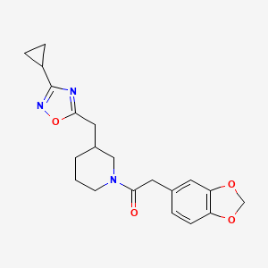 molecular formula C20H23N3O4 B2795821 2-(Benzo[d][1,3]dioxol-5-yl)-1-(3-((3-cyclopropyl-1,2,4-oxadiazol-5-yl)methyl)piperidin-1-yl)ethanone CAS No. 1705244-13-8