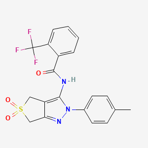 molecular formula C20H16F3N3O3S B2795922 N-[2-(4-methylphenyl)-5,5-dioxido-2,6-dihydro-4H-thieno[3,4-c]pyrazol-3-yl]-2-(trifluoromethyl)benzamide CAS No. 449787-50-2