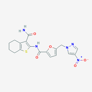 molecular formula C18H17N5O5S B279597 N-[3-(AMINOCARBONYL)-4,5,6,7-TETRAHYDRO-1-BENZOTHIOPHEN-2-YL]-5-[(4-NITRO-1H-PYRAZOL-1-YL)METHYL]-2-FURAMIDE 