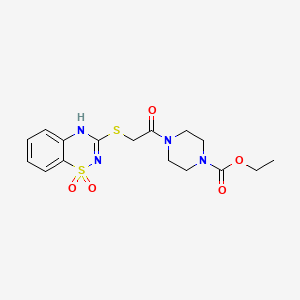 molecular formula C16H20N4O5S2 B2795991 ethyl 4-(2-((1,1-dioxido-4H-benzo[e][1,2,4]thiadiazin-3-yl)thio)acetyl)piperazine-1-carboxylate CAS No. 899975-96-3