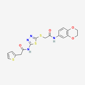 molecular formula C18H16N4O4S3 B2796335 N-(2,3-dihydro-1,4-benzodioxin-6-yl)-2-({5-[2-(thiophen-2-yl)acetamido]-1,3,4-thiadiazol-2-yl}sulfanyl)acetamide CAS No. 893356-83-7