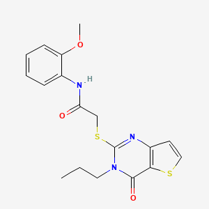 molecular formula C18H19N3O3S2 B2796360 N-(2-methoxyphenyl)-2-({4-oxo-3-propyl-3H,4H-thieno[3,2-d]pyrimidin-2-yl}sulfanyl)acetamide CAS No. 1252884-03-9