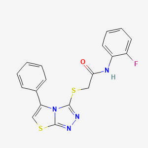 molecular formula C18H13FN4OS2 B2796480 N-(2-FLUOROPHENYL)-2-({5-PHENYL-[1,2,4]TRIAZOLO[3,4-B][1,3]THIAZOL-3-YL}SULFANYL)ACETAMIDE CAS No. 671199-65-8