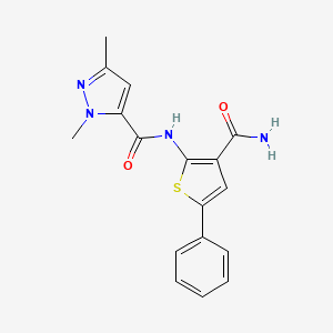 molecular formula C17H16N4O2S B2796538 N-(3-carbamoyl-5-phenylthiophen-2-yl)-1,3-dimethyl-1H-pyrazole-5-carboxamide CAS No. 1014092-27-3