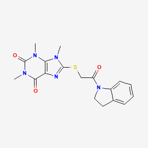 molecular formula C18H19N5O3S B2796694 8-{[2-(2,3-dihydro-1H-indol-1-yl)-2-oxoethyl]sulfanyl}-1,3,9-trimethyl-2,3,6,9-tetrahydro-1H-purine-2,6-dione CAS No. 897453-78-0