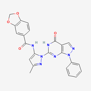 molecular formula C23H17N7O4 B2796961 N-(3-methyl-1-(4-oxo-1-phenyl-4,5-dihydro-1H-pyrazolo[3,4-d]pyrimidin-6-yl)-1H-pyrazol-5-yl)benzo[d][1,3]dioxole-5-carboxamide CAS No. 1019097-36-9