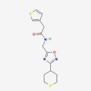 molecular formula C14H17N3O2S2 B2796963 N-{[3-(thian-4-yl)-1,2,4-oxadiazol-5-yl]methyl}-2-(thiophen-3-yl)acetamide CAS No. 2034537-49-8