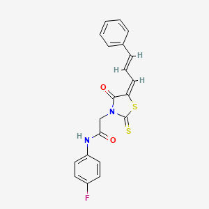 molecular formula C20H15FN2O2S2 B2796966 N-(4-FLUOROPHENYL)-2-[(5E)-4-OXO-5-[(2E)-3-PHENYLPROP-2-EN-1-YLIDENE]-2-SULFANYLIDENE-1,3-THIAZOLIDIN-3-YL]ACETAMIDE CAS No. 1164545-16-7
