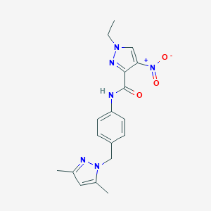 molecular formula C18H20N6O3 B279698 N-{4-[(3,5-dimethyl-1H-pyrazol-1-yl)methyl]phenyl}-1-ethyl-4-nitro-1H-pyrazole-3-carboxamide 
