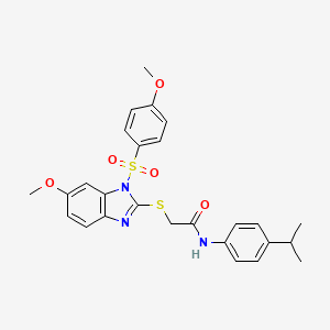 molecular formula C26H27N3O5S2 B2797112 N-(4-isopropylphenyl)-2-((6-methoxy-1-((4-methoxyphenyl)sulfonyl)-1H-benzo[d]imidazol-2-yl)thio)acetamide CAS No. 403827-46-3