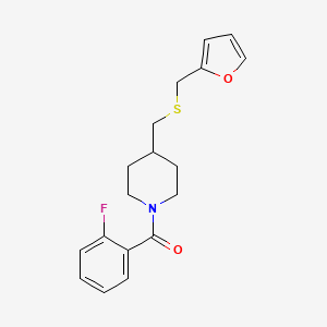 molecular formula C18H20FNO2S B2797309 (2-Fluorophenyl)(4-(((furan-2-ylmethyl)thio)methyl)piperidin-1-yl)methanone CAS No. 1396761-72-0