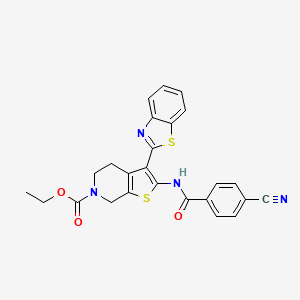 molecular formula C25H20N4O3S2 B2797350 ethyl 3-(1,3-benzothiazol-2-yl)-2-(4-cyanobenzamido)-4H,5H,6H,7H-thieno[2,3-c]pyridine-6-carboxylate CAS No. 887889-04-5