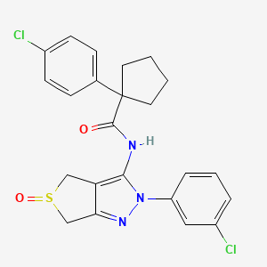 molecular formula C23H21Cl2N3O2S B2797379 1-(4-chlorophenyl)-N-(2-(3-chlorophenyl)-5-oxido-4,6-dihydro-2H-thieno[3,4-c]pyrazol-3-yl)cyclopentanecarboxamide CAS No. 1019103-78-6