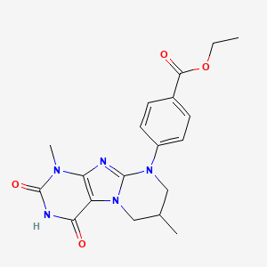 molecular formula C19H21N5O4 B2797421 ethyl 4-{1,7-dimethyl-2,4-dioxo-1H,2H,3H,4H,6H,7H,8H,9H-pyrimido[1,2-g]purin-9-yl}benzoate CAS No. 879463-18-0