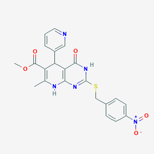 molecular formula C22H19N5O5S B2797498 Methyl 7-methyl-2-((4-nitrobenzyl)thio)-4-oxo-5-(pyridin-3-yl)-3,4,5,8-tetrahydropyrido[2,3-d]pyrimidine-6-carboxylate CAS No. 537663-58-4