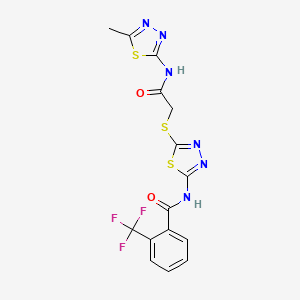 molecular formula C15H11F3N6O2S3 B2797569 N-(5-((2-((5-methyl-1,3,4-thiadiazol-2-yl)amino)-2-oxoethyl)thio)-1,3,4-thiadiazol-2-yl)-2-(trifluoromethyl)benzamide CAS No. 391868-75-0