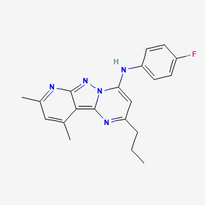 molecular formula C20H20FN5 B2797645 N-(4-fluorophenyl)-11,13-dimethyl-4-propyl-3,7,8,10-tetrazatricyclo[7.4.0.02,7]trideca-1,3,5,8,10,12-hexaen-6-amine CAS No. 903210-97-9