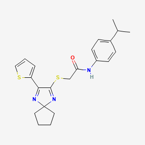 molecular formula C22H25N3OS2 B2797857 N-[4-(propan-2-yl)phenyl]-2-{[3-(thiophen-2-yl)-1,4-diazaspiro[4.4]nona-1,3-dien-2-yl]sulfanyl}acetamide CAS No. 1223947-83-8