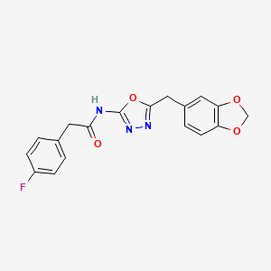 molecular formula C18H14FN3O4 B2797891 N-(5-(benzo[d][1,3]dioxol-5-ylmethyl)-1,3,4-oxadiazol-2-yl)-2-(4-fluorophenyl)acetamide CAS No. 922020-15-3