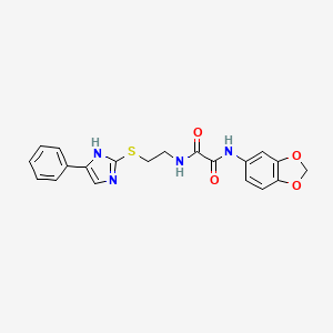 molecular formula C20H18N4O4S B2797992 N'-(2H-1,3-benzodioxol-5-yl)-N-{2-[(4-phenyl-1H-imidazol-2-yl)sulfanyl]ethyl}ethanediamide CAS No. 897457-18-0