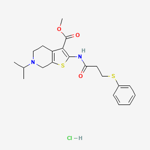 molecular formula C21H27ClN2O3S2 B2798378 Methyl 6-isopropyl-2-(3-(phenylthio)propanamido)-4,5,6,7-tetrahydrothieno[2,3-c]pyridine-3-carboxylate hydrochloride CAS No. 1215600-35-3