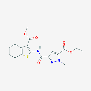 molecular formula C18H21N3O5S B279848 ETHYL 3-({[3-(METHOXYCARBONYL)-4,5,6,7-TETRAHYDRO-1-BENZOTHIOPHEN-2-YL]AMINO}CARBONYL)-1-METHYL-1H-PYRAZOLE-5-CARBOXYLATE 