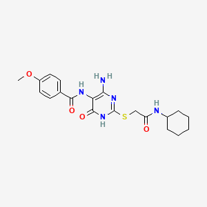 molecular formula C20H25N5O4S B2798656 N-(4-amino-2-((2-(cyclohexylamino)-2-oxoethyl)thio)-6-oxo-1,6-dihydropyrimidin-5-yl)-4-methoxybenzamide CAS No. 872597-39-2