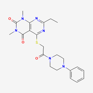 molecular formula C22H26N6O3S B2798678 7-ethyl-1,3-dimethyl-5-{[2-oxo-2-(4-phenylpiperazin-1-yl)ethyl]sulfanyl}pyrimido[4,5-d]pyrimidine-2,4(1H,3H)-dione CAS No. 852169-24-5