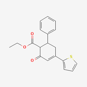 molecular formula C19H18O3S B2798735 Ethyl 3-oxo-5-(thiophen-2-yl)-1,2,3,6-tetrahydro-[1,1'-biphenyl]-2-carboxylate 