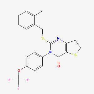 molecular formula C21H17F3N2O2S2 B2798781 2-((2-methylbenzyl)thio)-3-(4-(trifluoromethoxy)phenyl)-6,7-dihydrothieno[3,2-d]pyrimidin-4(3H)-one CAS No. 877654-57-4
